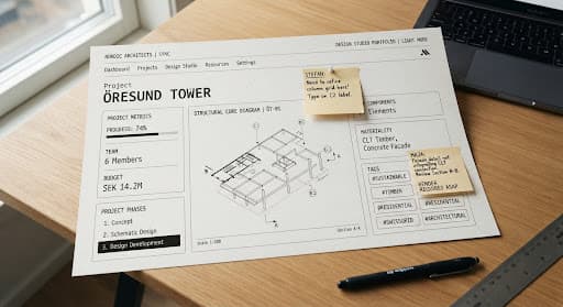 Printed project dashboard for the Öresund Tower on a wooden desk, showing a structural core diagram, project metrics and yellow sticky-note comments.