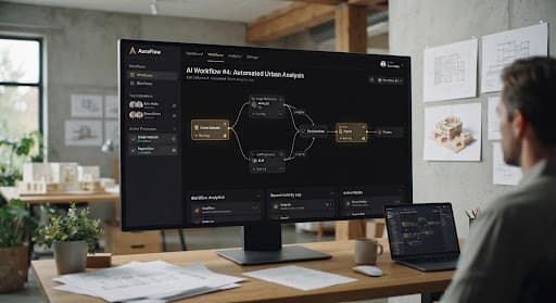 Dark-mode B2B web interface for an autonomous AI workflow engine, showing node-graph workflow diagrams on a desktop monitor.